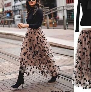 3D Posy Double-Layered Mesh Midi Skirt in Caramel